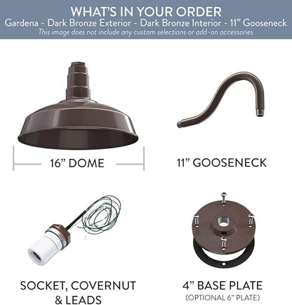 Steel Lighting Co. Gardena Barn Light | Outdoor Wall Mounted | 16" Dome | 11" Gooseneck | Farmhouse Light Made in America | Dark Bronze Exterior/Dark Bronze Interior