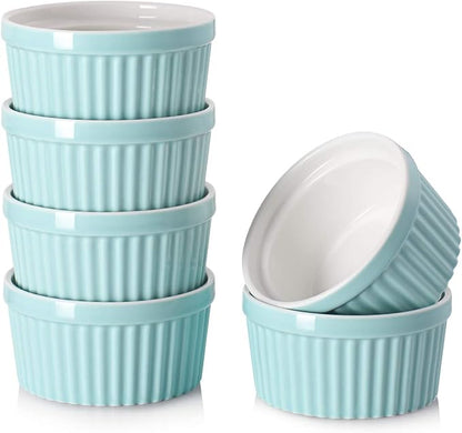 DOWAN Ramekins 6 oz Oven Safe for Creme Brulee Souffle, Porcelain Ramekin for Baking, Classic Style Ramekins Bowls Souffle Dishes Custard Cups, Set of 6, Blue