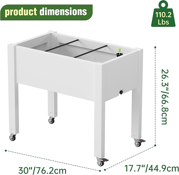 Elevated Raised Garden Bed with Wheels - Outdoor Mobile Resin Planter Box with Drainage Holes for Vegetables Flower Herbs, Weather Resistant (White)
