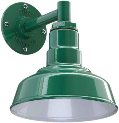 Steel Lighting Co. | Dusk to Dawn | Hawthorne Barn Light | Outdoor Wall Mounted | 8 in Dome | 6 in Straight Arm| Small Farmhouse Light Made in America | Green Exterior/White Interior