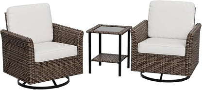 Canyon Ridge 3 Piece Outdoor Patio Bistro Set with Swivel Rocking Chairs and Side Table, Outdoor Furniture Set, Brown/Beige