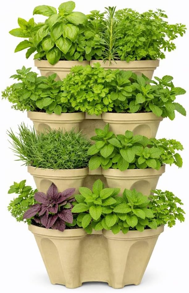 Large Vertical Planter Tower, 4 Tier Stackable Garden Planter, 28 Plant Sites, Heavy Duty Strawberry Planter, Vertical Growing System with Center Hole, Made in USA (Desert Sand)