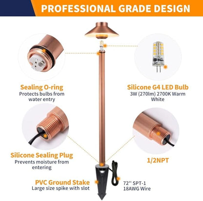 Gardenreet Brass Path Lights Copper, Low Voltage LED Landscape Pathway Lights, 12V Outdoor Waterproof Landscape Lighting(Hat) for Walkway Driveway Garden Yard with 3W 2700K Warm White LED G4 Bulb