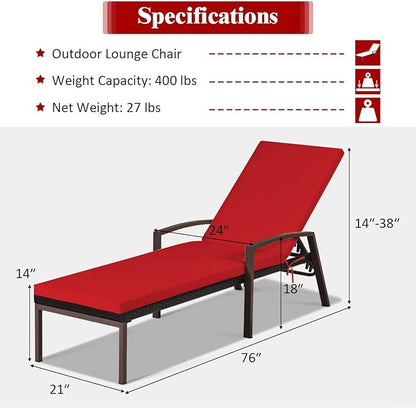 COSTWAY 2PCS Rattan Lounge Chair Outdoor, Patio Wicker Chaise Lounge with 5-Position Adjustable Backrest, Soft Cushion & Arm Rest, Pool Recliner Set of 2 for Poolside, Deck, Backyard (Red)
