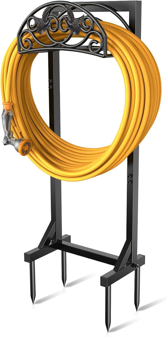 Pattiumo Garden Hose Holder Stand, Heavy Duty Freestanding Metal Hose Holder with 4 Spikes, Hose Reel Alternative Holds up to 150 ft for Yard Lawn Garden Patio