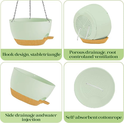 10 Inch Hanging Planters with Chains 2 Pack Self Watering Green Brown Plastic Hanging Pots for Indoor Outdoor Plants, Garden Porch Home Decor (Green Brown)