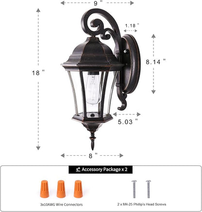 Dusk to Dawn Wall Light Outdoor 18” High, Antique Bronze Exterior Wall Lantern for with Clear Seeded Glass 2 Pack Porch Light Fixture for Garden and Yard, LMMS3601-DNS-2P
