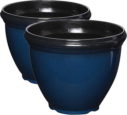 Southern Patio Heritage Planter, 12-Inch Outdoor Round Planter Pot, Light Resin Pot for Porch or Patio Use, Monaco Blue, (Size/Dimensions), 2 Pack