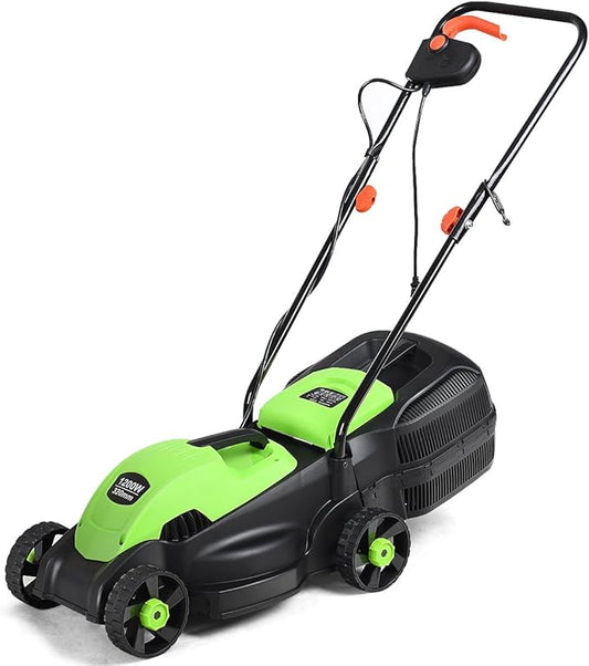 Goplus Lawn Mower, 13 Inch 2-in-1 Electric Lawn Mower with Grass Collection Bag, Folding Handle, Adjustable Cutting Height, Corded Push Lawn Mowers for Garden Yard, 12 Amp (Green)