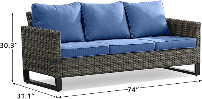 Rilyson Wicker Outdoor Couch Patio Sofa - 3 Seater Rattan Outdoor Patio Couch with Waterproof Wicker,Comfortable Cushions and Sturdy Metal Frame for Outside Porch Deck Backyard(Mixed Grey/Blue)