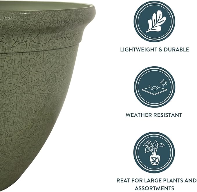 The HC Companies 16 Inch Tucson Round Planter Pots with Ceramic Look, Lightweight UV-Resistant Resin Indoor & Outdoor Planters, 1-Pack Flower Pots for Garden & Home Decor, Green Crackle