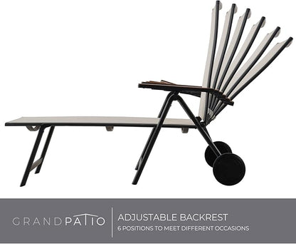 Grand patio Outdoor Chaise Lounge Chair Set of 2 with 6-Position Adjustable Sling Backrest, Aluminum Folding Portable Wood Grain Chair with Wheels for Beach, Backyard, Poolside, Lawn, White