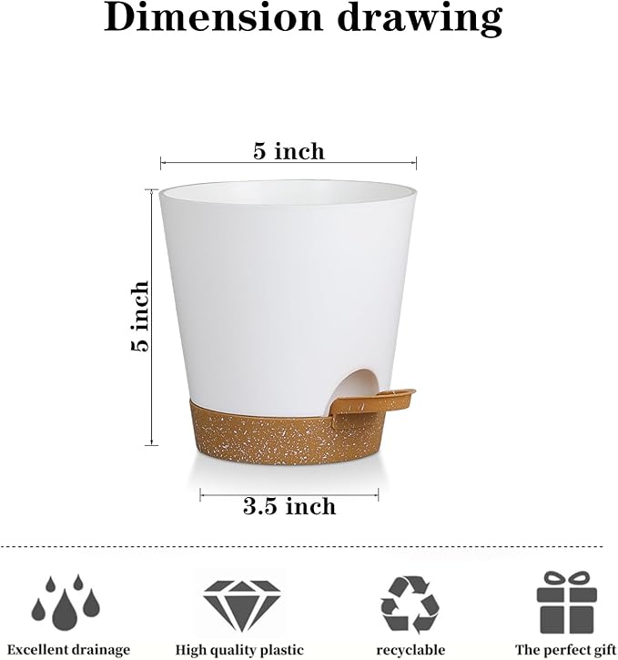 5 Pack 5 Inch African Violet Pots Self Watering, Self-Watering Planters with Drainage Holes & Reservoir, White Brown Plastic Pots for Indoor Outdoor Plants, Succulents & Flowers