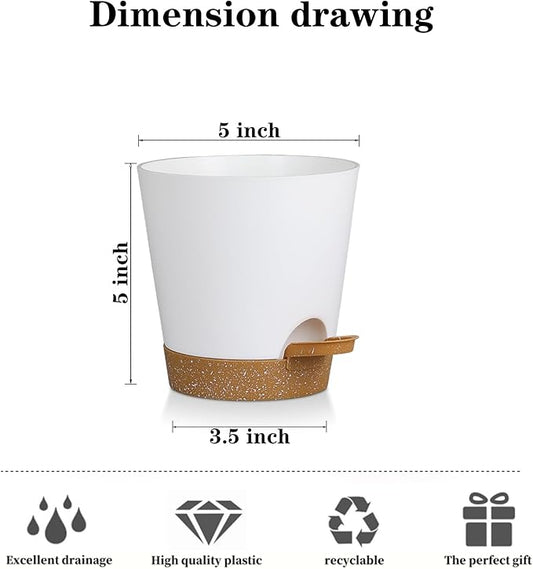 5 Pack 5 Inch African Violet Pots Self Watering, Self-Watering Planters with Drainage Holes & Reservoir, White Brown Plastic Pots for Indoor Outdoor Plants, Succulents & Flowers