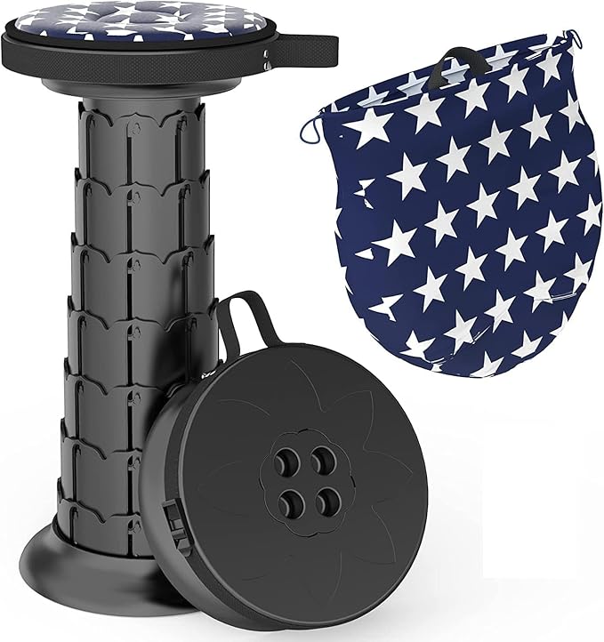 ALEVMOOM Upgraded 20.4" Portable Collapsible Folding Stool with Cushion Retractable Telescoping Stool for Adults Sturdy Capacity 550lbs Camping Chair for Outdoor Hiking Garden BBQ with Bag