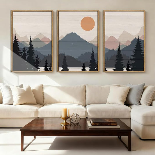 Anyzal Large Boho Mountain Framed Wall Art 16x24 Inch Abstract Lake Landscape Canvas Wall Decor Modern Forest Sunrise Artwork for Bedroom Living Room Office Set of 3