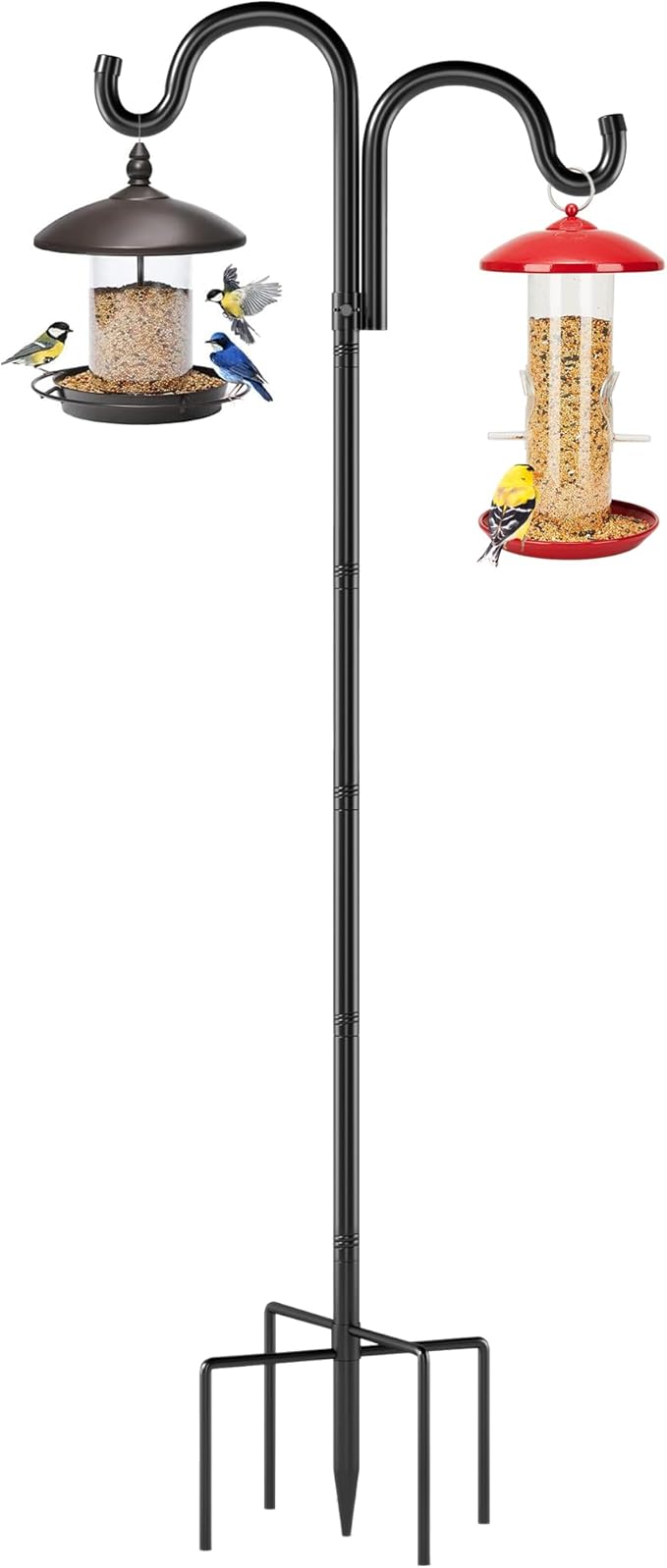 Double Shepherds Hooks for Outdoor, 108" Heavy Duty Bird Feeder Pole with 5 Prong Base, Adjustable Shepherds Hook for Bird feeders Outside, Garden, Weddings, Hanging Plants, 1 Pack, Black