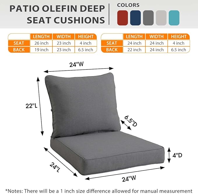 Sundale Outdoor Olefin Deep Seat Cushion, Patio Chair Cushion and Pillow, Water-Resistant Sectional Sofa Pad with Straps Medium Gray, 24 x 24 x 4 Inches