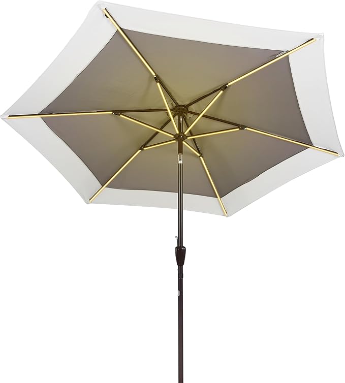 JONATHAN Y UMB1100C Spencer 9 ft. Classic Coastal 2-Tone Solar LED Market Patio Umbrella with 12 LED Strip Lights, Auto-Tilt, Crank Protection in Gray/White