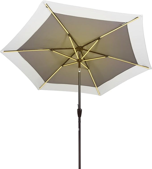 JONATHAN Y UMB1100C Spencer 9 ft. Classic Coastal 2-Tone Solar LED Market Patio Umbrella with 12 LED Strip Lights, Auto-Tilt, Crank Protection in Gray/White