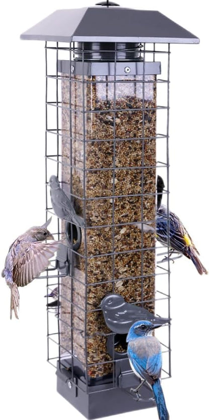 Squirrel Proof Bird Feeders for Outdoors, Metal Wild Bird Feeder for Outside Hanging, 4 Ports Perches, 3LB Large Capacity(Gray)