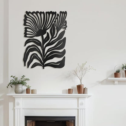 SIGNLEADER Metal Wall Art Decor Botanical Flower Minimalist Modern Abstract Wall Sculpture Hangings Home Decoration for Living Room, Bedroom, Bathroom, Kitchen, Outdoor - 24" Black