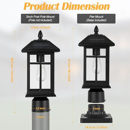 Solar Post Lights 2 Packs, Waterproof Post Lantern with Pier Mount Base, Aluminum Post Lamp Warm White Bulb Included for Yard Garden Pillar Pole Pathway