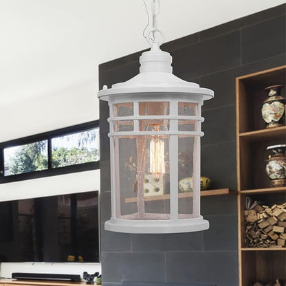 Darkaway Large Outdoor Pendant Lights for Porch, 15inch Outdoor Chandelier Hanging Porch Lights Ceiling Mount Aluminum with Seeded Glass for Front Porch Gazebo Patio (Large, White)