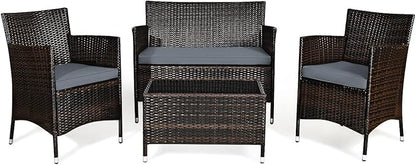 Goplus 4-Piece Rattan Patio Set, Outdoor/Indoor Wicker Conversation Set for Pool, Backyard, Lawn, Wicker Chairs and Sofa with Soft Cushion, Rattan Furniture with Tempered Glass Coffee Table