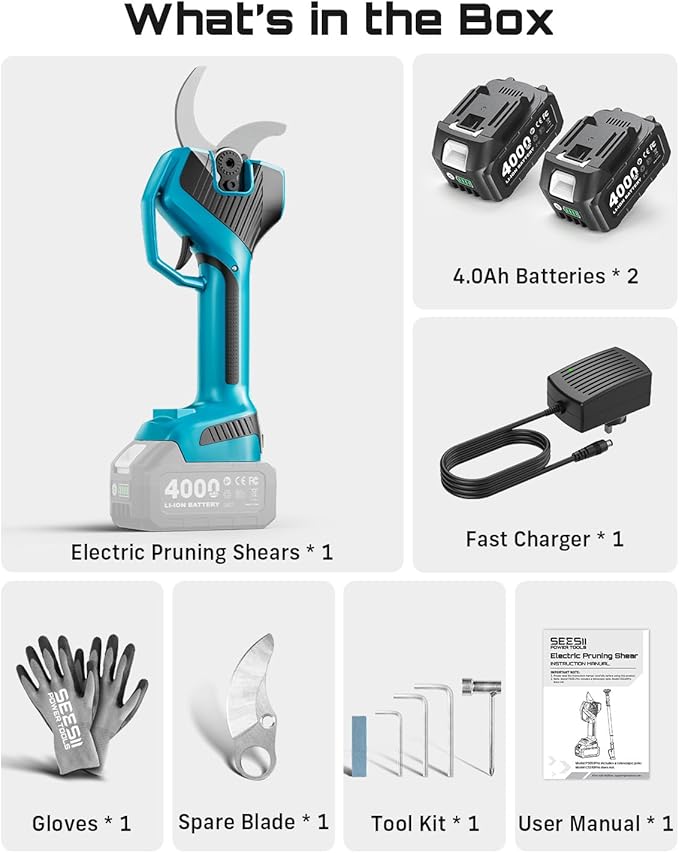 SEESII Electric Pruning Shears Cordless: 2.2" Cutting Diameter Power Cordless Pruner, 2*4000mAh Batteries, Brushless Motor, Extra SK5 Blade, 4 Modes Adjustable Garden Shears for Tree Flower Trimming