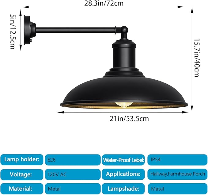 Large 21" Industrial Style Gooseneck Barn Light, Straight Arm Classic Outdoor Barn Light Fixture for Porches, Garages, Patios 2-Pack