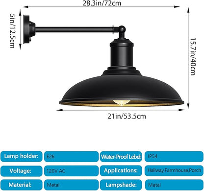 Large 21" Industrial Style Gooseneck Barn Light, Straight Arm Classic Outdoor Barn Light Fixture for Porches, Garages, Patios 2-Pack