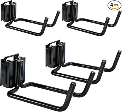 4-Pack E-Track Double Fitting J-Hooks, 4" Wide & 5.5" Deep Stable E Track Double J Hooks with Dual Fittings, Heavy Duty Shovel Hanger for Trailers, Trucks, Garden Tools Organizers Storage