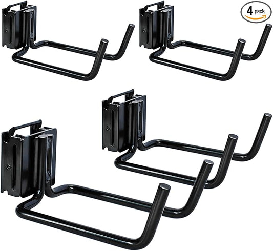 4-Pack E-Track Double Fitting J-Hooks, 4" Wide & 5.5" Deep Stable E Track Double J Hooks with Dual Fittings, Heavy Duty Shovel Hanger for Trailers, Trucks, Garden Tools Organizers Storage
