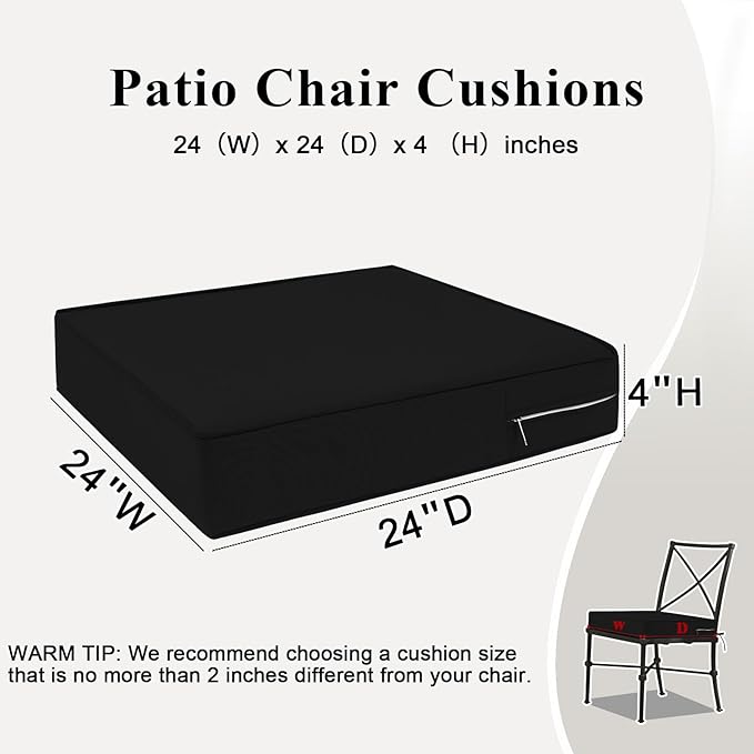 Outdoor Chair Cushions 24x24x4 Inch, Waterproof Black Patio Furniture Cushions Set of 2 with Ties & Handle, 3 Year Color Fastness Square Replacement Seat Cushions for Sofa, Couch