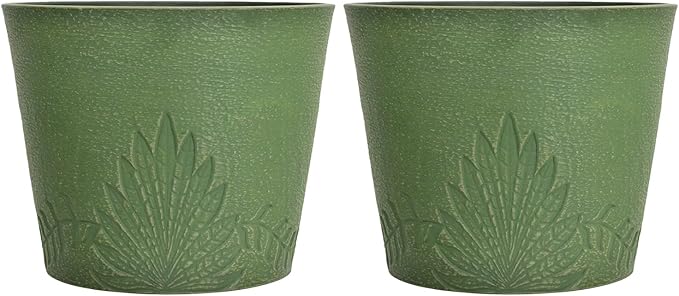 GreenShip 15 inch Large Planters, Set of 2 Relief Planters - Recycled Resin & Stone Composite Flower Pots - Weather Resistant Lightweight Garden Pots for Indoor Outdoor Plants (Olive)