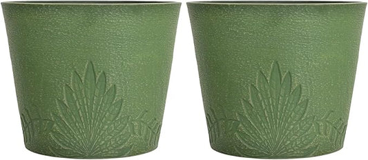 GreenShip 15 inch Large Planters, Set of 2 Relief Planters - Recycled Resin & Stone Composite Flower Pots - Weather Resistant Lightweight Garden Pots for Indoor Outdoor Plants (Olive)