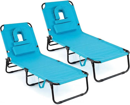GYMAX Tanning Chair, 330lbs Beach Lounge Chair with Face Hole, Washable Pillow & Carry Strap, Adjustable Folding Chaise Lounge, Layout Lounger for Outside, Patio, Poolside, Lawn (2, Arctic)