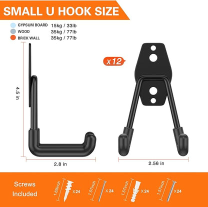 HUPBIPY Heavy Duty Garage Hooks 12 Pack, 2.8 inch Small U Shaped Hanger, Wall Mounted Storage System, Power and Garden Tool Organizer, for Hanging Ladders, Hose, Bulk Items and More