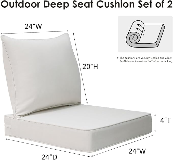Outdoor Patio Chair Cushions Set, 24" x 24", Set of 2, Water-Repellent, Fade Resistant, Deep Seat Bottom and Back Cushion for Backyard, Couch, Sofa and Patio Furniture, Linen