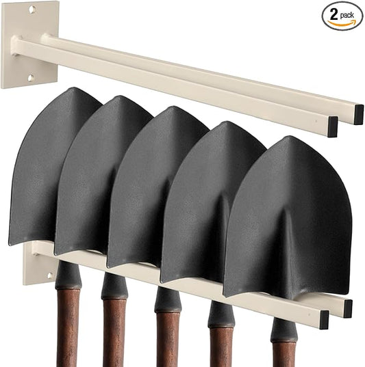 Zonon 2 Pcs Extra Long Tool Rack for Shovels Spades Rakes Brooms Shovel Holder for Truck and Shovel Rack Heavy Duty Powder Coated Steel Wall Mount Storage Organizer Garage and Shed (Beige)