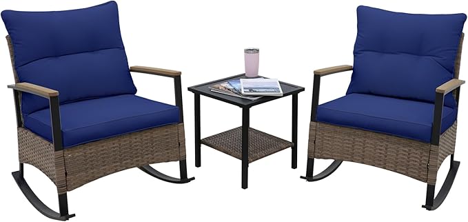 EAGLE PEAK 3 Piece Mojave Dusk Outdoor Conversation Set, Patio Wicker Furniture, 2 Rocking Chairs and Side Table, Light Brown/Blue