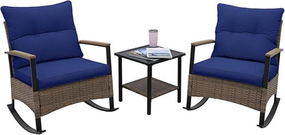 EAGLE PEAK 3 Piece Mojave Dusk Outdoor Conversation Set, Patio Wicker Furniture, 2 Rocking Chairs and Side Table, Light Brown/Blue
