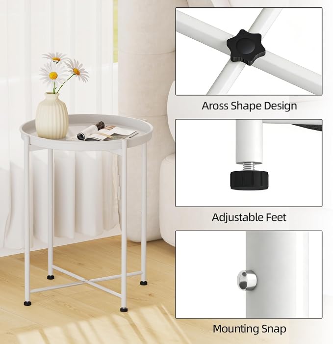 Garden 4 you Small Side Table, White Mini Round End Table, Tray Table with Metal Frame, Modern Nightstand for Living Room, Bedroom, Patio, Small Space, 2pcs