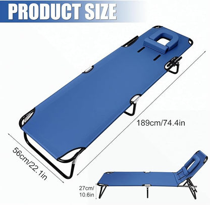 Patio Lounge Chair Reclining Folding Chaise for Indoor Outdoor Adjustable Portable Chair Removable Pillow, Sunbathing Chair for Patio, Poolside, Lawn, Beach (Blue)