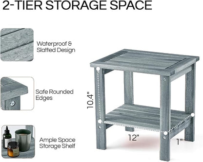 THYOI Premium Acacia Wood Outdoor Side Table, Adirondack Square Patio End Table with 2-Tier Storage Shelf, Weather-Resistant Small Table for Porch, Garden, Backyard, Poolside (Grey)