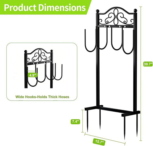 2 Pack Upgraded Garden Hose Holder - Heavy Duty Freestanding Metal Hose Holder with 4 Stabilizing Spikes, Sturdy Hose Hanger up to 100ft Hose for Yard, Lawn & Outdoor Garden (Black)
