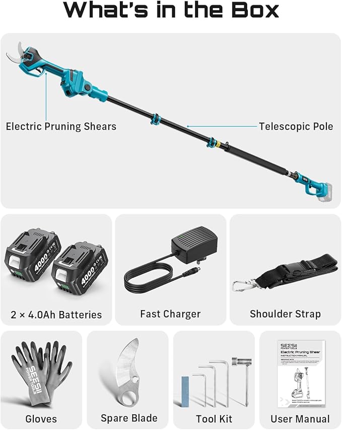 SEESII 2-in-1 Pole Pruning Shears: 2.2" Cutting Diameter Cordless Electric Pole Pruners, 2*4000mAh Batteries, Brushless Motor, Extra SK5 Blade, 4 Mode Adjustable Garden Shears for Tree Flower Trimming