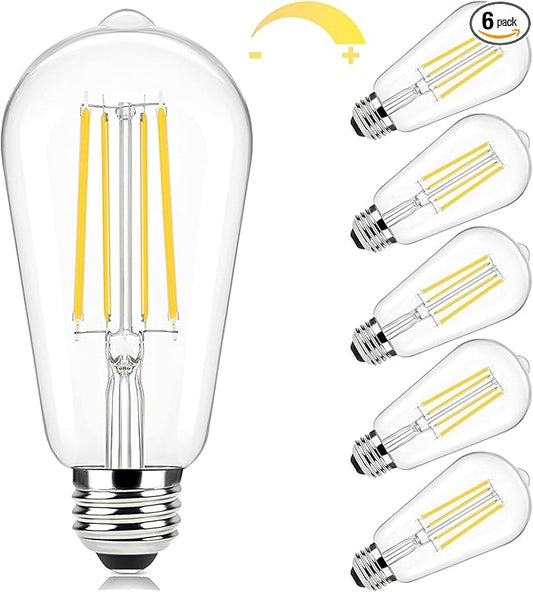 Brightever Edison Light Bulbs 60W Equivalent, Dimmable Vintage LED Bulbs, 7W, 850LM, 90+CRI, E26 LED Light Bulb 2700K Warm White, ST58 Clear Glass Antique Decorative Filament Bulb for Room, 6-Pack