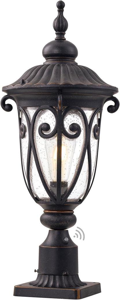 24 Inch High Outdoor Post Light Fixture with Dusk to Dawn Sensor, Bronze Post Lantern with Pier Mount, Exterior Pole Lighting with Seeded Glass for Yard, Garden, Patio and Pathway, LMMS0519-M